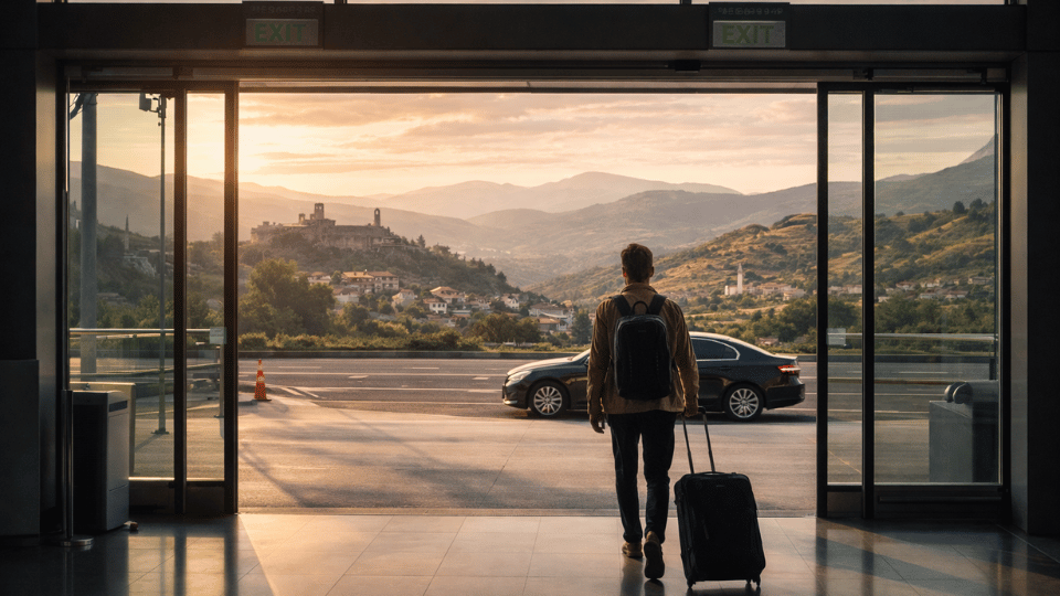 Arrival in Albania with scenic countryside views and welcoming European travel atmosphere