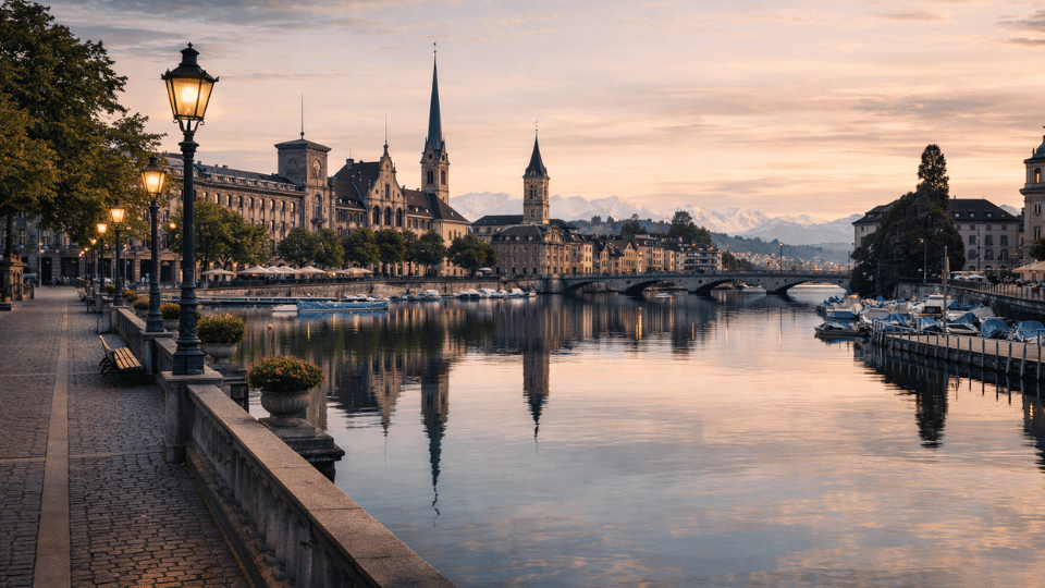 Arrival in Zurich city with calm streets, Lake Zurich views, and elegant Swiss architecture