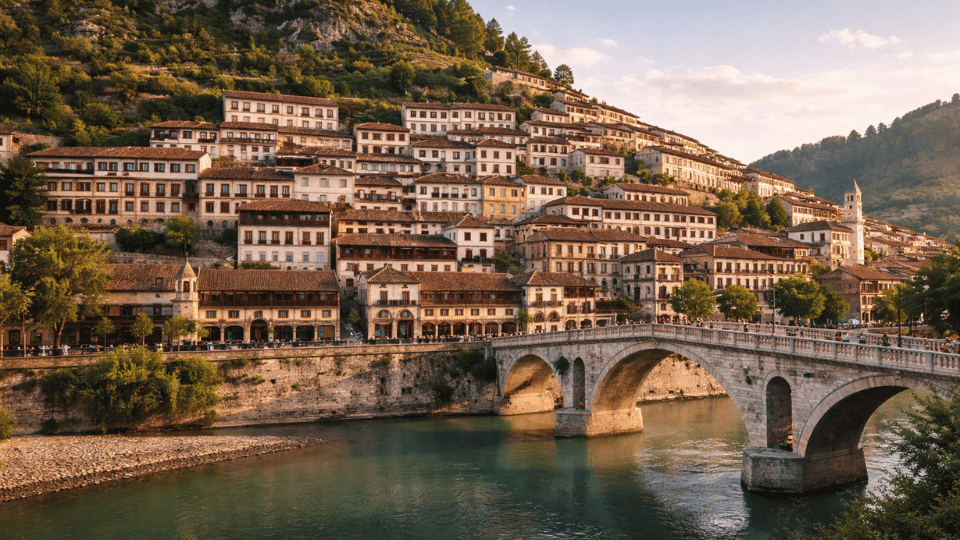 Berat UNESCO World Heritage town with Ottoman houses climbing the hillside along the river