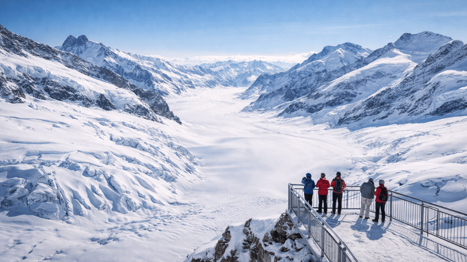 Jungfraujoch Top of Europe with snow-covered Swiss Alps and panoramic mountain views
