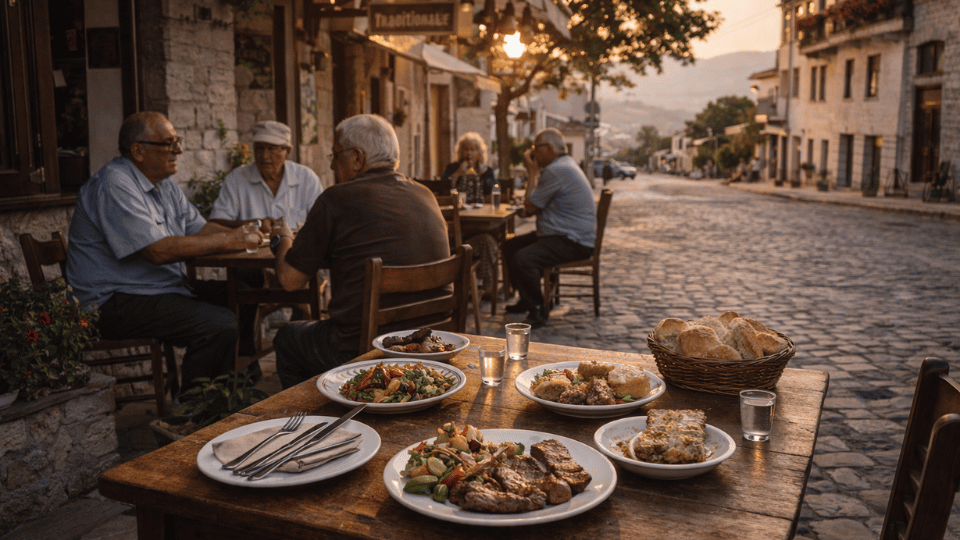 Local Albanian café scene showing authentic lifestyle, traditional food, and slow travel experience