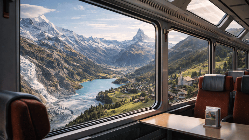 Scenic Swiss train journey through alpine valleys, glaciers, lakes, and mountain villages