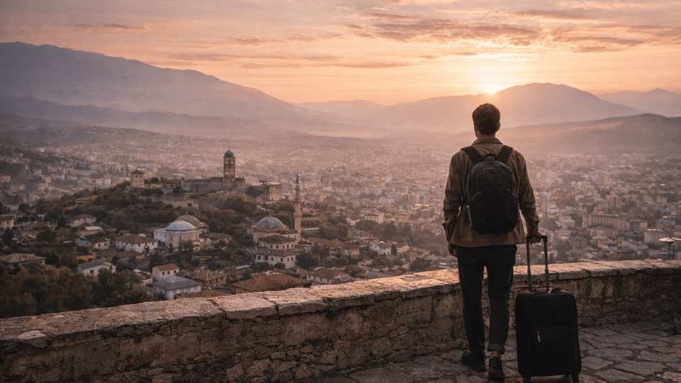 Peaceful farewell view of Albania with mountains and cityscape at sunrise marking journey’s end