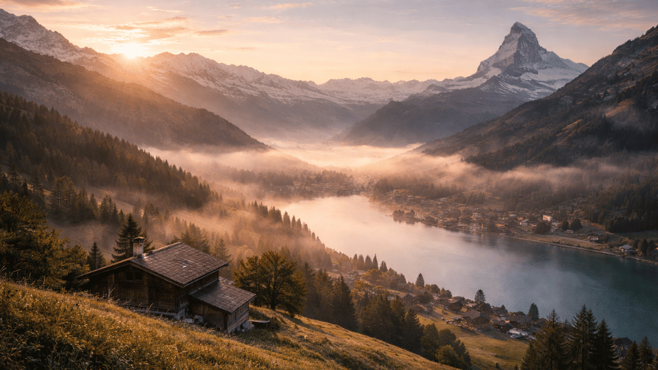 Peaceful Swiss alpine sunrise with mountains, lakes, and quiet village scenery at journey’s end