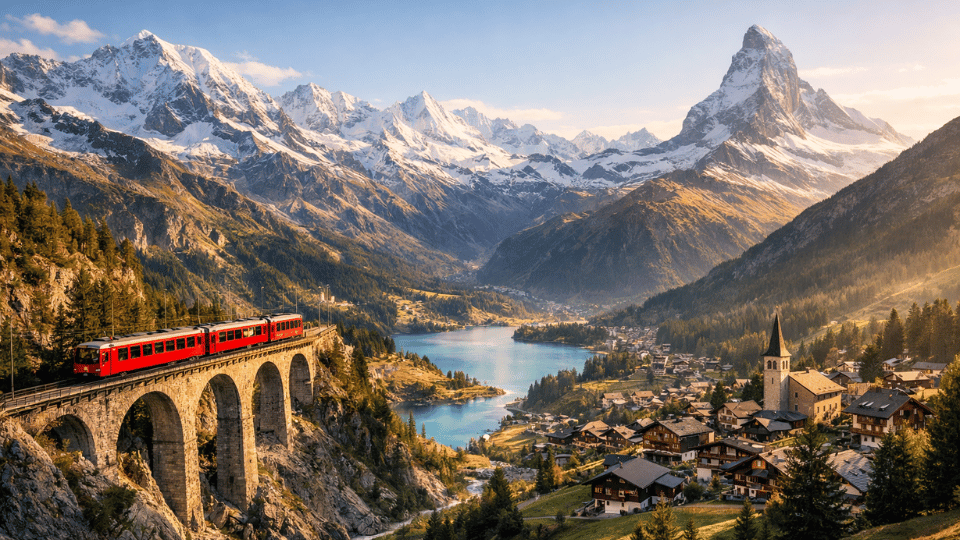 Alt text: Switzerland travel itinerary showcasing snow-capped Alps, scenic Swiss train, alpine lakes, and mountain villages